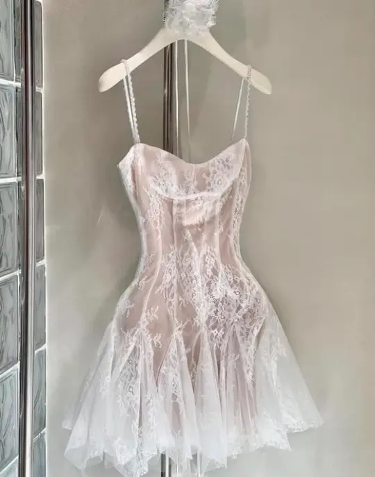 Charming Blush Pink A-Line Spaghetti Straps Lace Embroidery Bodycon Mini Prom Dress Homecoming Dress RS564
