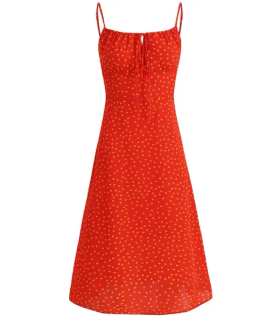 French holiday style long red 2025 new suspender slim polka dot dress R2649