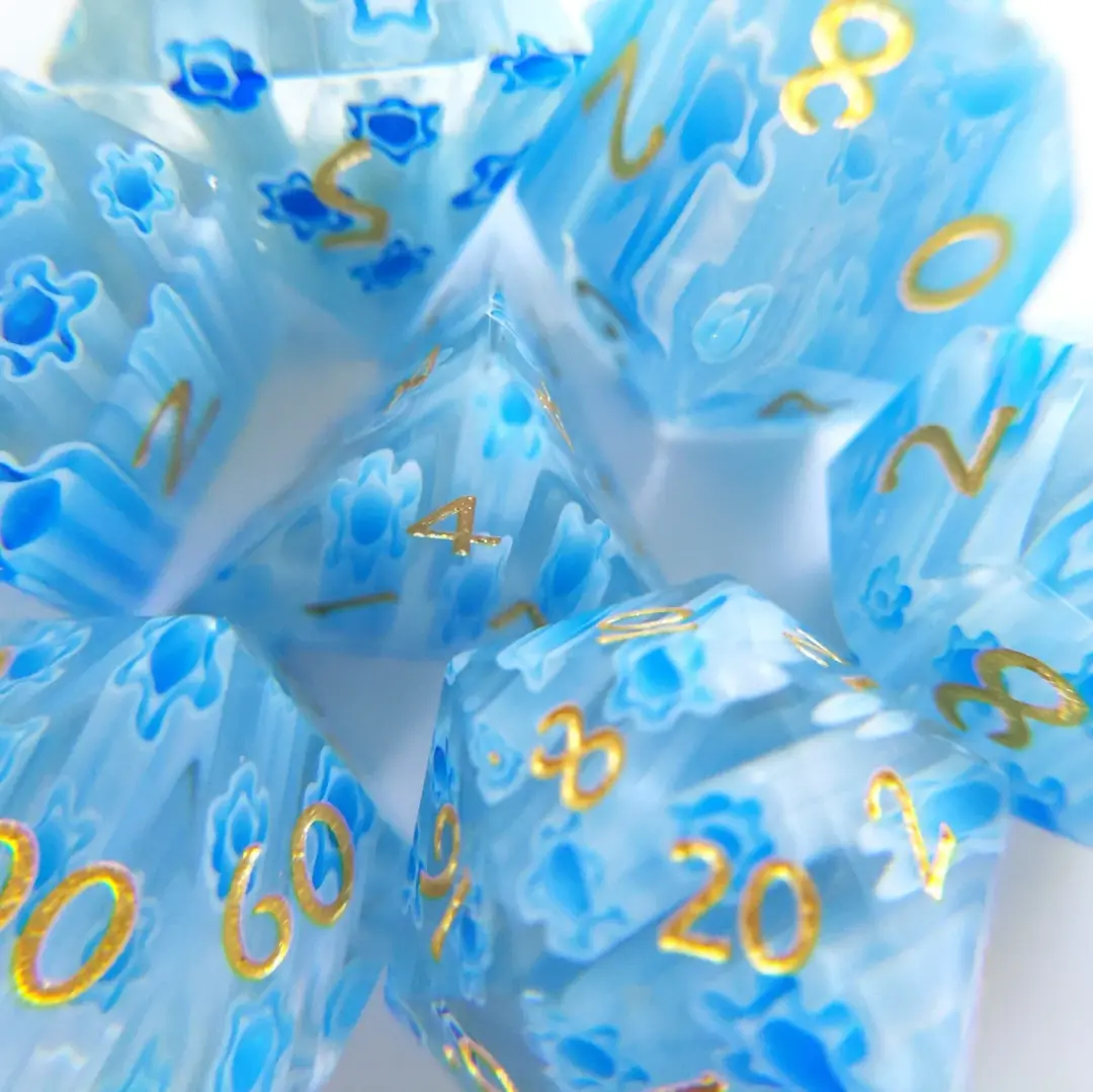 Blue Flower Glass Dice Set – 7-Piece Gemstone Floral DnD Dice