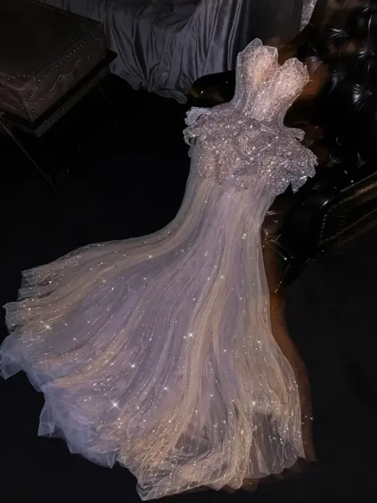 Light pink strapless silver sequined fitted long ball gown, bridal dress R8802