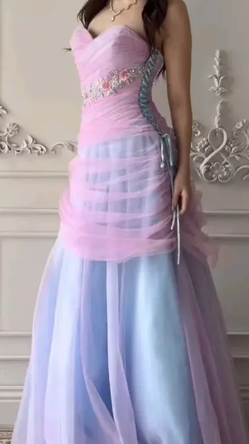 Pink and Blue Elegant Prom Dress ,A-Line Strapless Applique Bodycon Maxi Evening Dress RS1195