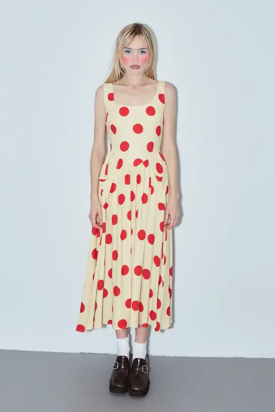 Tradwife Soft Linen Dress Red/Yellow Polka Dot