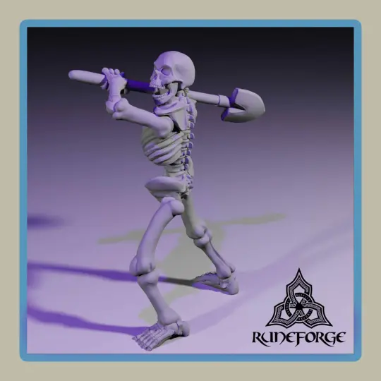 render of 28mm miniature undead unarmored skeleton with 2h shovel