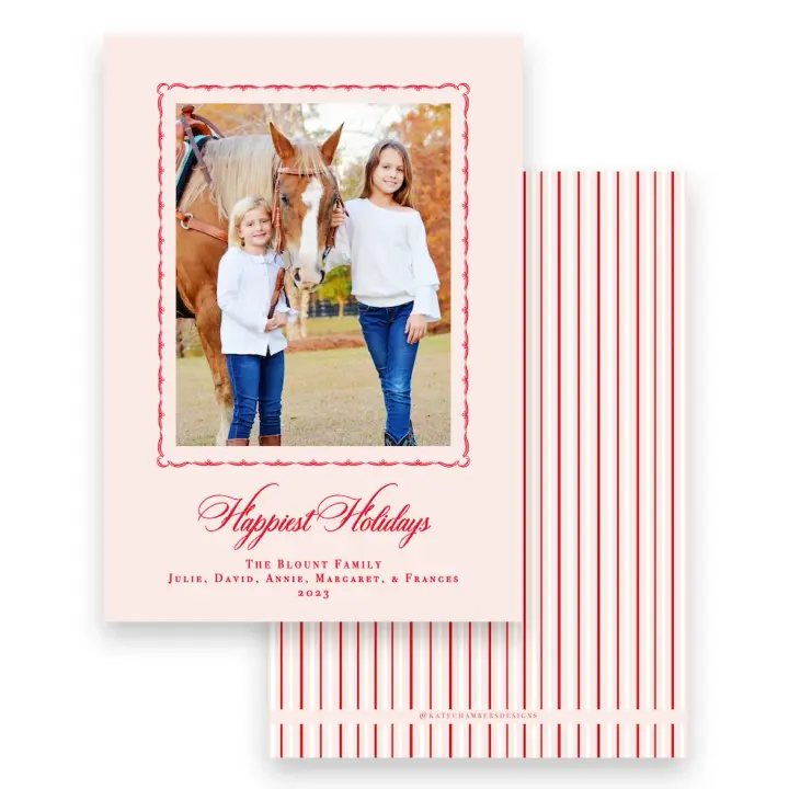 Red & Pink Border with Stripe Back & Florentine Design "Happy Holidays" Portrait Holiday Card
