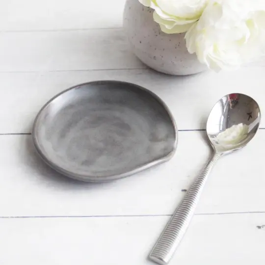 Medium Satin Gray Spoon Rest, Handmade Ceramic Coffee Spoon Dish, Made in USA