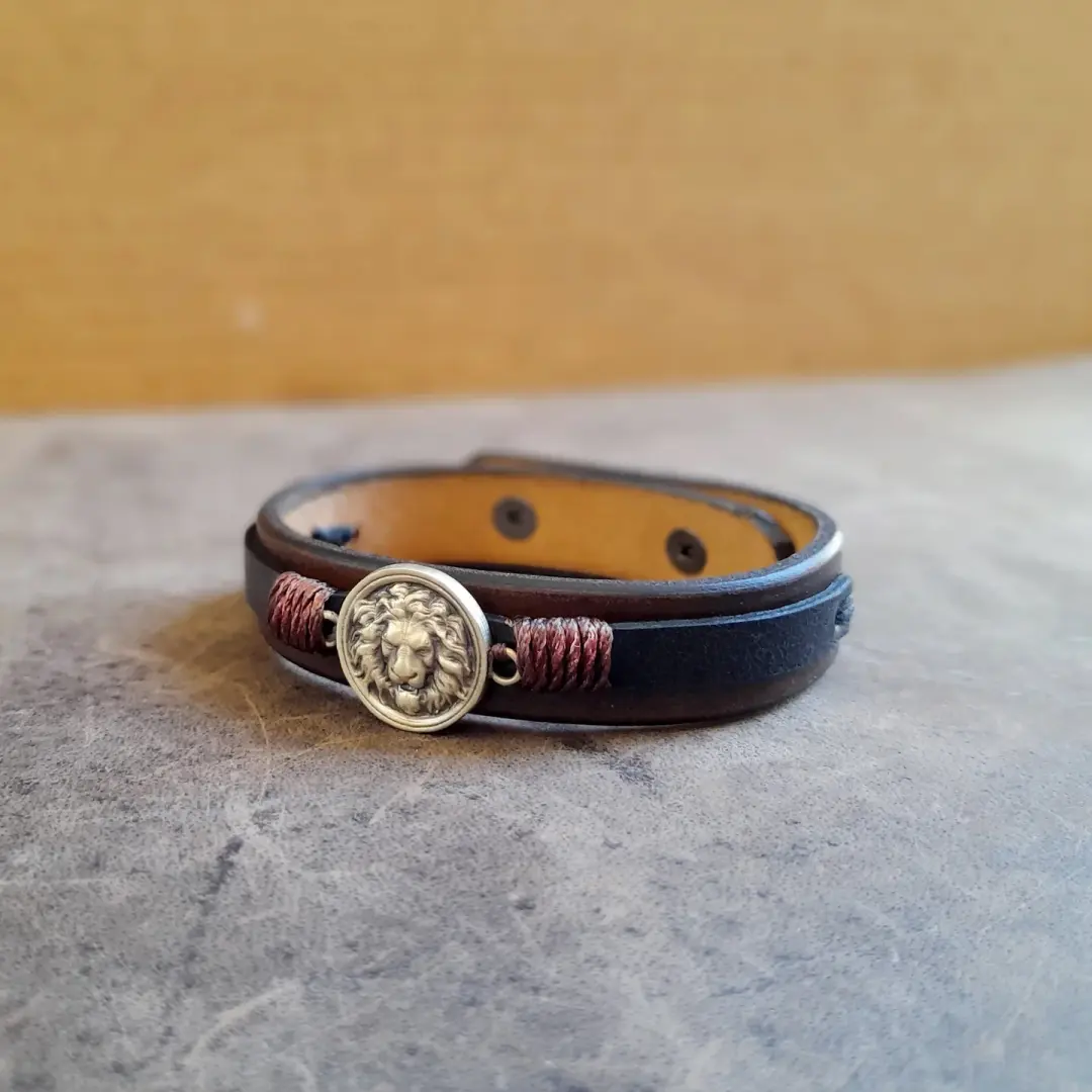 Lion Leather Bracelet | Men's Full-Grain Adjustable Cuff