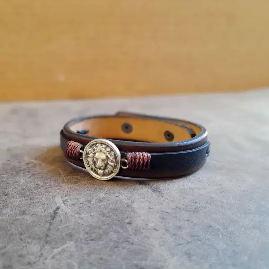 Lion Leather Bracelet | Men's Full-Grain Adjustable Cuff