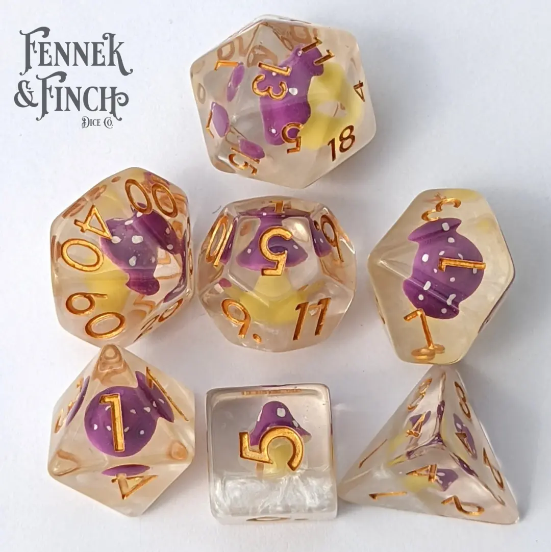 Mushroom on Clouds Dice Set – 7-Piece Clear Purple Amanita DnD Dice