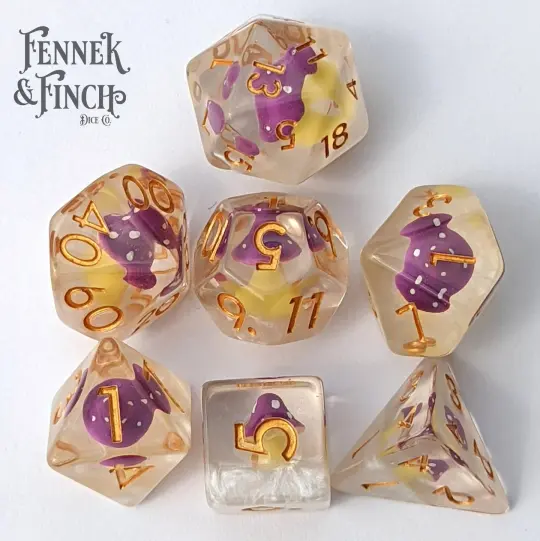 Mushroom on Clouds Dice Set – 7-Piece Clear Purple Amanita DnD Dice