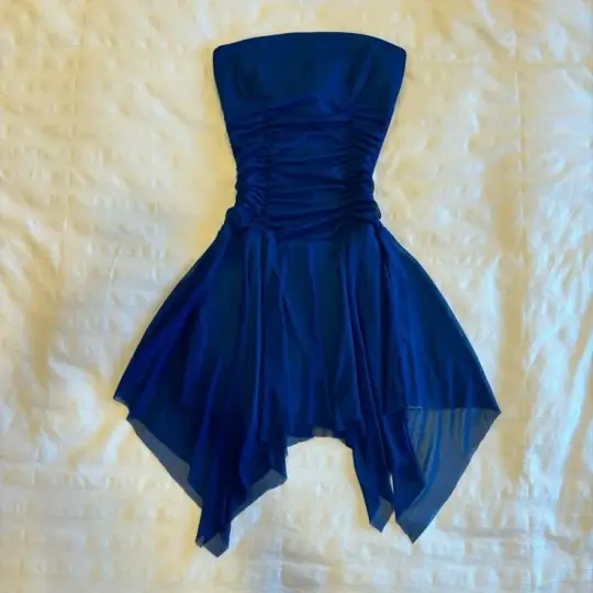 Blue tube top waist simple slim fit irregular skirt short skirt homecoming dress R2688