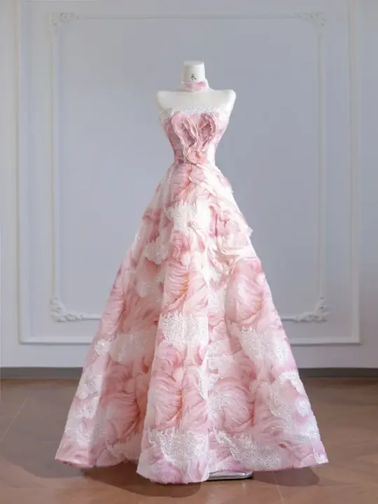 Light pink rose print strapless A-line ball gown/bridal dress with a cinched waist and full skirt R8272
