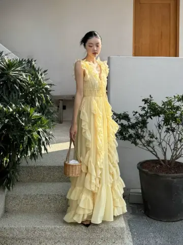 French Chic Pale Yellow A-Line V-neck Long Women Dress with Cascade Fold Summer Dress Party Dress RS069