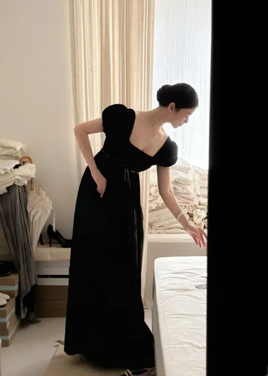 Black square-neck puff-sleeve high-waist elegant prom dress R7977