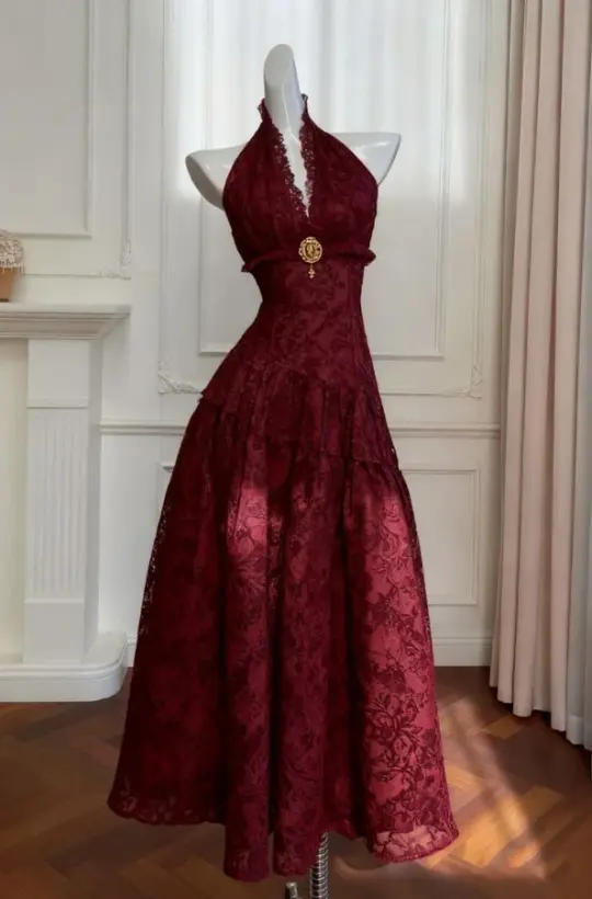 Halter Printed Pattern Corset Prom Gown , Burgundy Women's Maxi Evening Dress Ball Gown RS2263