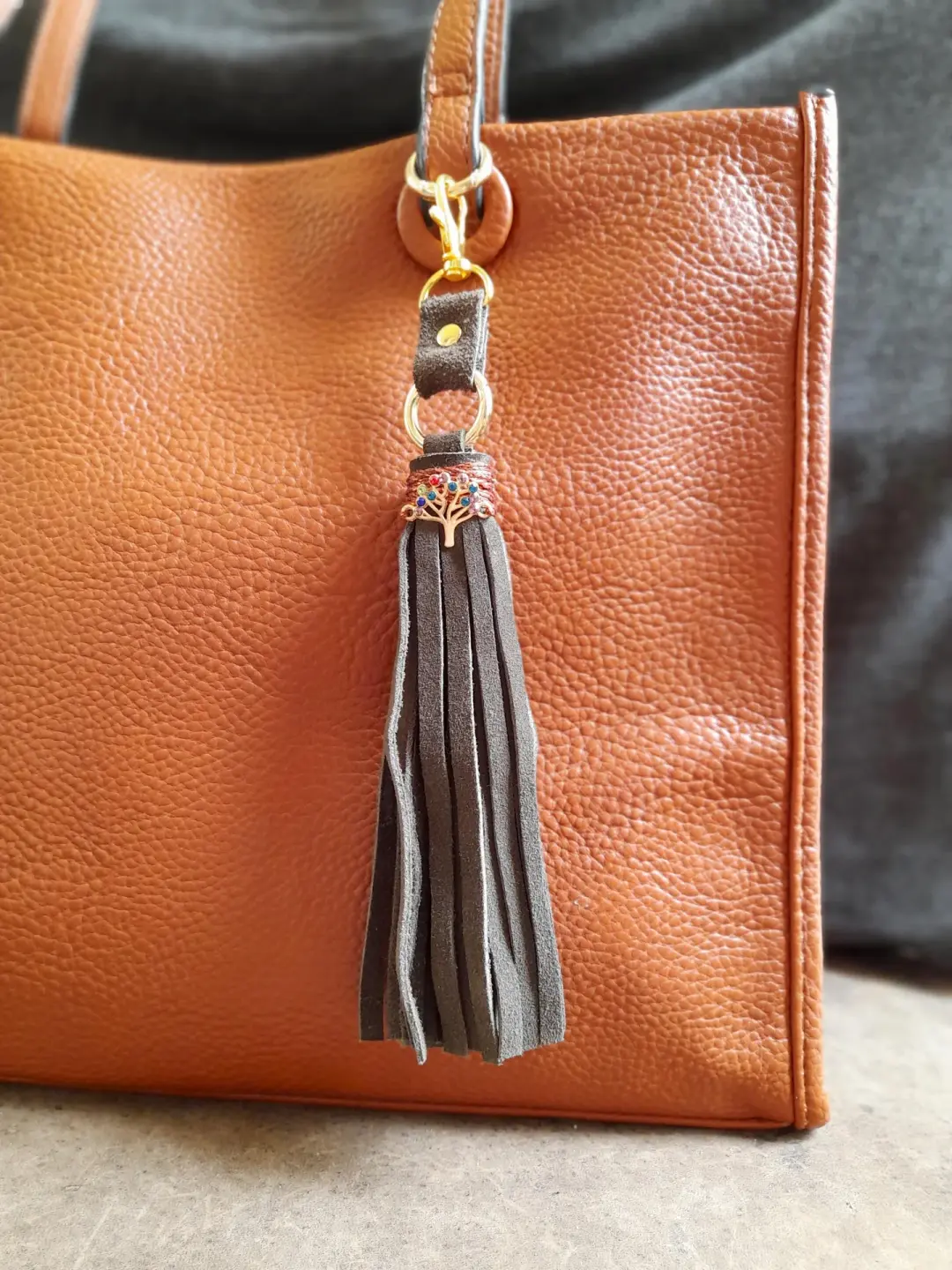 Tree of Life Bag Charm | Olive Green Suede Tassel with Colorful Rhinestones