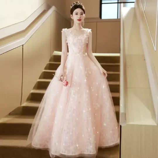 Sweet Pink Prom Gown , Tulle Glitter Applique Corset Maxi Evening Dress Ball Gown RS1720