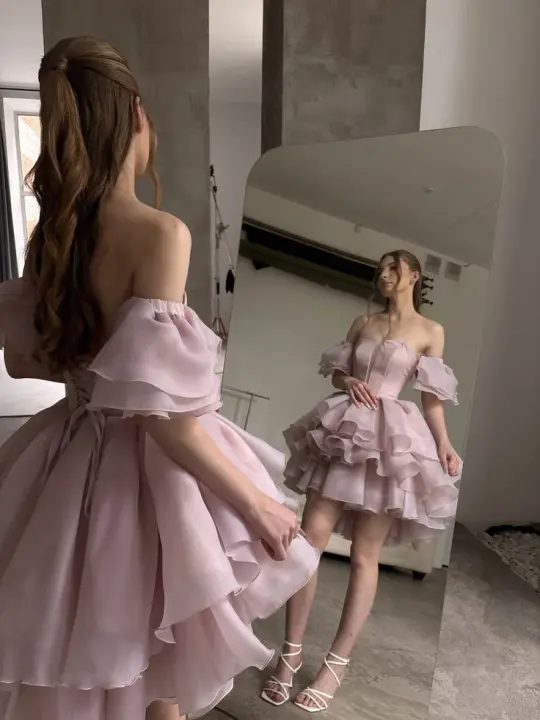 Pink Strapless Ruched Waist Tiered Tulle Mini Homecoming Dress R5453