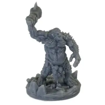 Unpainted grey resin print of a Cave Troll miniature, showing high-detail muscle definition and spiked club weapon.