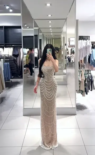 Light champagne-colored strapless, fitted, bodycon, sexy long ball gown R7900