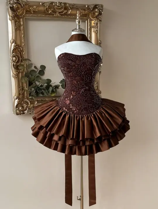Puffy Satin Beaded Corset Homecoming Dress , Retro Brown Short Prom Dress RS2138