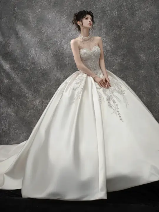 White halterneck sequined waist slim fit puffy skirt long bridal dress R5793