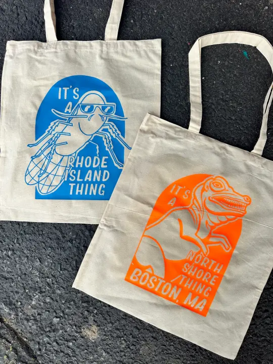 Rhode Island & Massachusetts Totes – Big Blue Bug & Orange Dinosaur Designs
