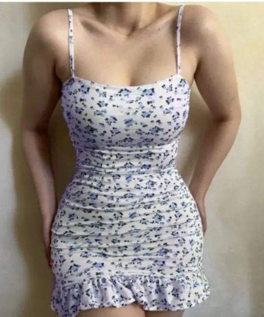 White background blue floral suspenders waist sexy hip skirt homecoming dress R3190