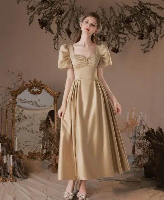 Sparkly Golden Prom Gown , Satin Silky Beaded Corset Midi Evening Dress RS1729
