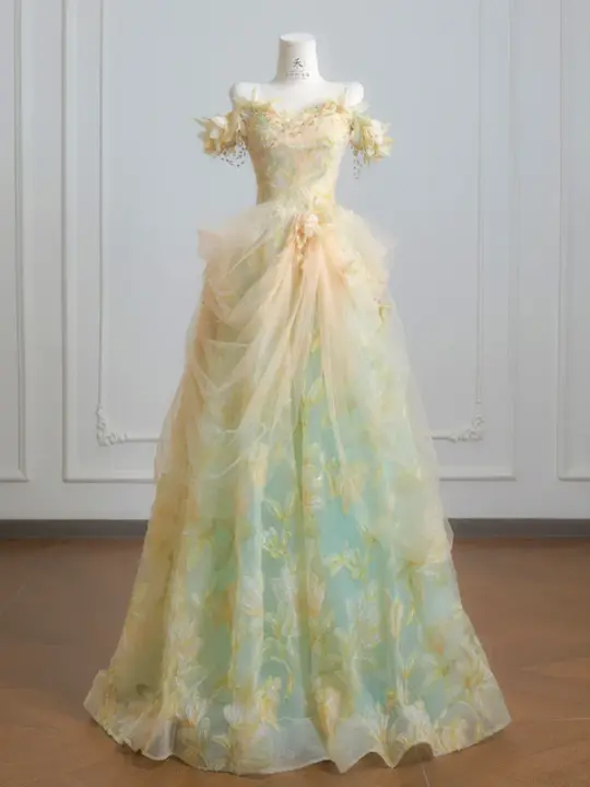 Light yellow off-the-shoulder fitted waist ball gown with a full skirt R8219
