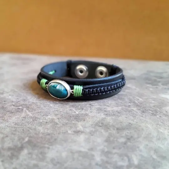 OOAK Green Aventurine Cuff | Quiet Growth Black Leather Bracelet