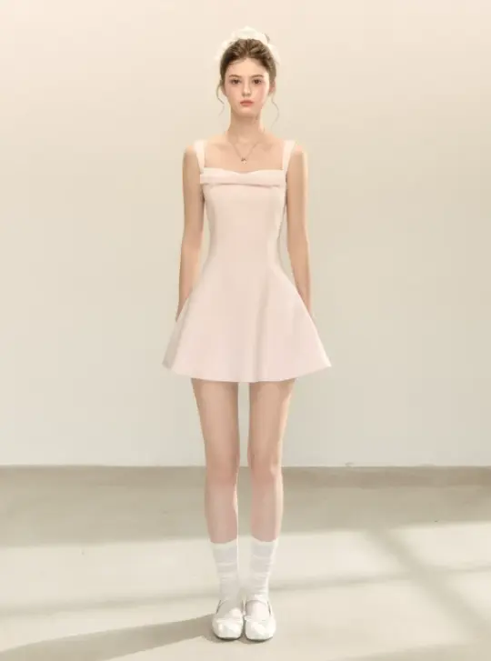 Pink Cami Dress with Front Bow, Square Neck and Back Zipper R9221