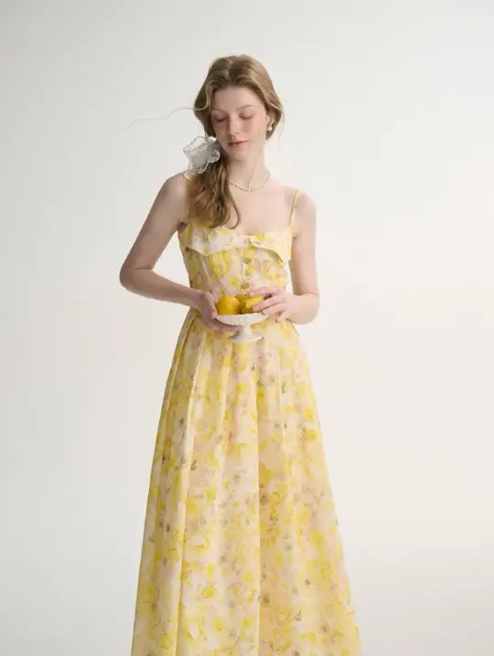 Yellow floral maxi dress suspender dress holiday outfit dress floral dress R2694