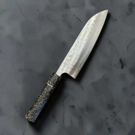 Yoshimi Kato Minamo SG2 Santoku — Carbon Fiber Gold Handle