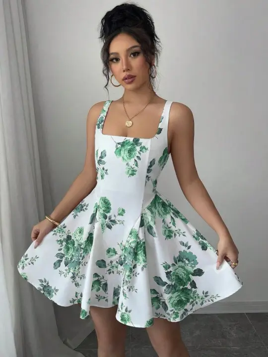 White background printed halter waist slim A-line short skirt homecoming dress R3210