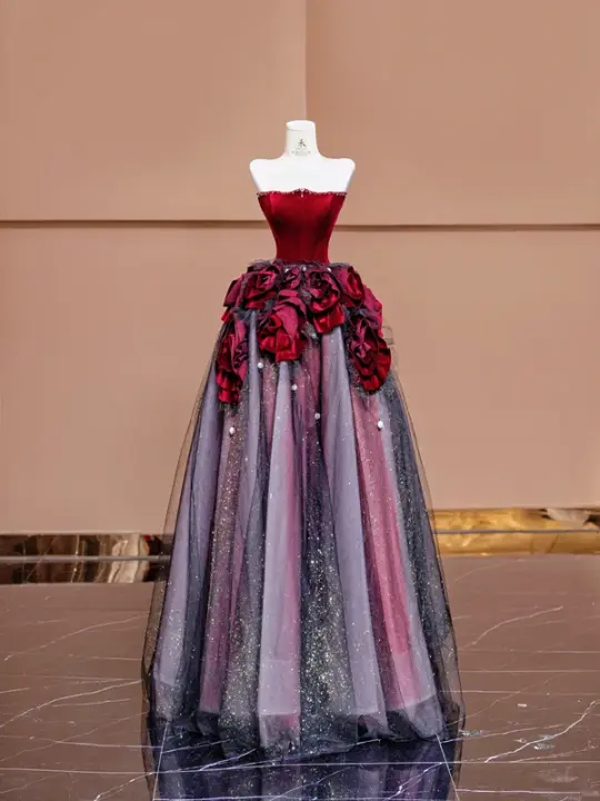 Red strapless, fitted, long ball gown with light pink and purple skirt; bridal gown R8377