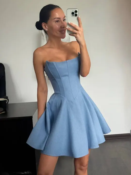 Blue tube top waist A-line slim short skirt homecoming dress R3606