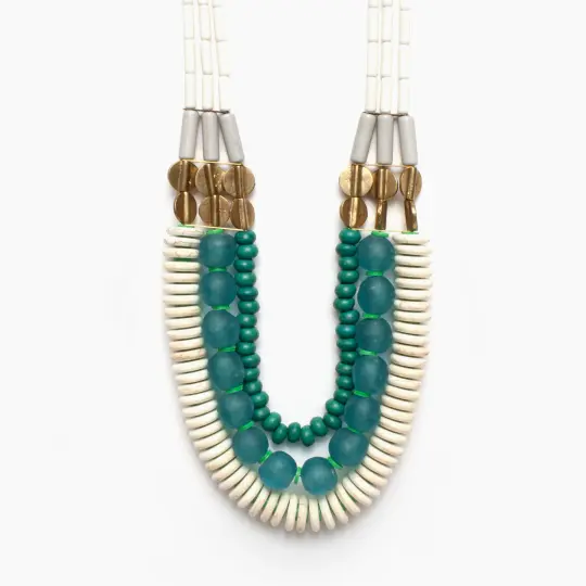 Triple Strand Necklace with White, Aqua Ghana Glass, & Turquoise
