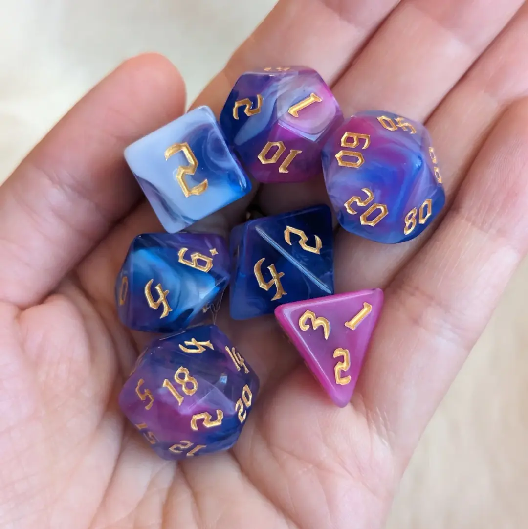 Harpy Marbled Dice Set – 7-Piece White Blue Purple Acrylic DnD Dice
