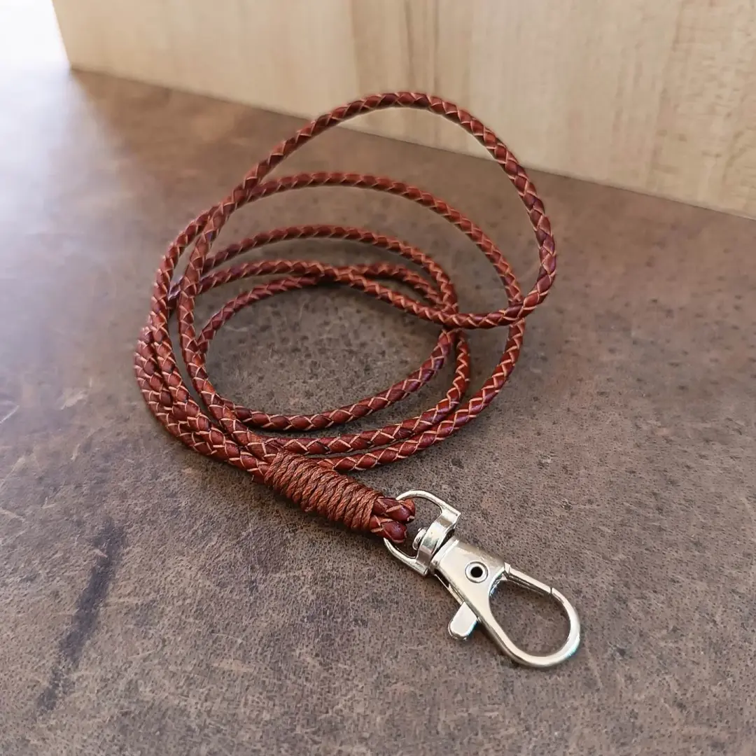 Premium Braided Leather Lanyard | Cognac Cowhide ID & Key Necklace