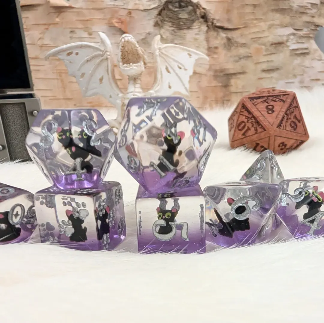 Mystic Familiar Black Cat DnD Dice 8 Pc Set, Polyhedral,D&D dice, Dungeons and Dragons, Halloween . Warlock, Witch, spooky, kitty, kitten