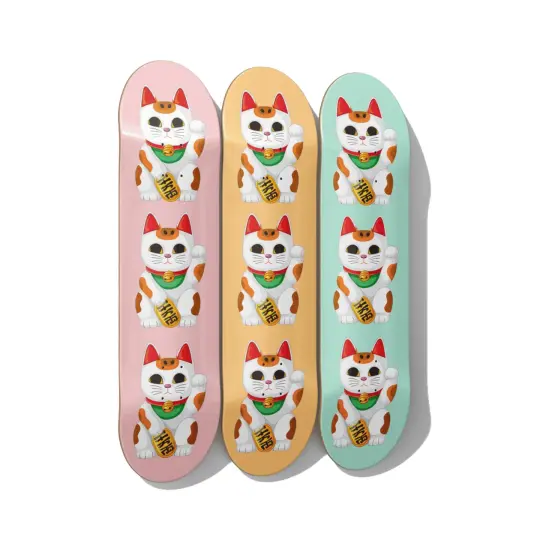 Maneki Neko Lucky Cat Skateboard Art – Triptych
