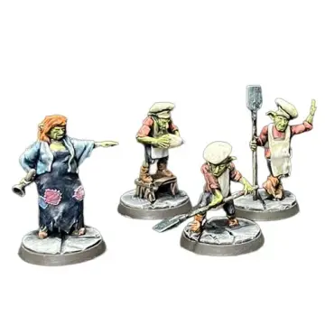 A set of four painted tabletop miniatures of fantasy goblin bakers. The green-skinned figures stand on circular, stone-textured bases. On the left, a female goblin with orange hair wearing a patched dark blue dress points her arm to the right commandingly. In the center back, a goblin wearing a chef's hat, red shirt, and white apron stands on a small wooden stool, holding a large loaf of dough. In the front center, a third goblin bends over holding a long-handled wooden paddle. On the right, a fourth goblin in baker's attire leans casually against a tall wooden baker's peel with one hand raised. Isolated on a white background.