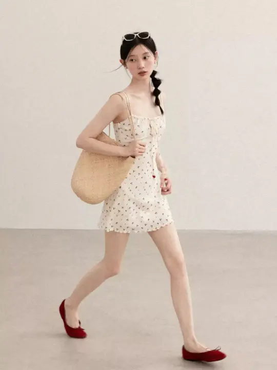 Soft Cherry Print Cami Dress with Ruffled Hem R9170