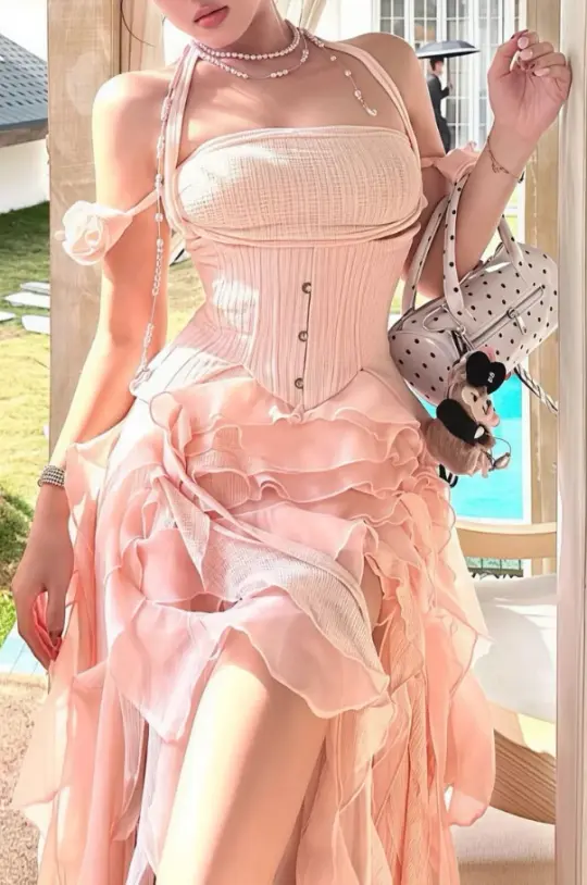 Sweet Blush Pink Ruffled A-line Halter Irregular Hem Corset Mini Party Dress Homecoming Dress RS489