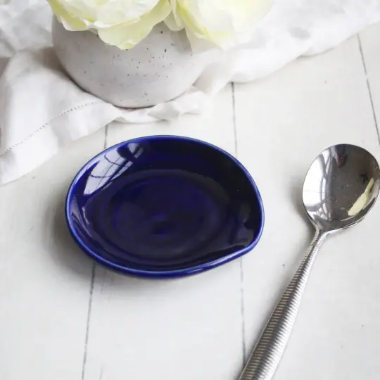Medium Handmade Ceramic Spoon Rest in Navy Blue Glaze, Made in USA