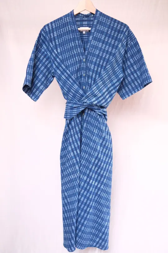 MIRI dress in the indigo block-printed plaid fabric - S, L