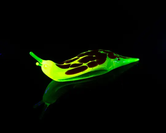 Deep Bronze Red Uranium Glass Slug Figurine UV Reactive Green Hand Blown Lampwork Animal Art Collectible Gift