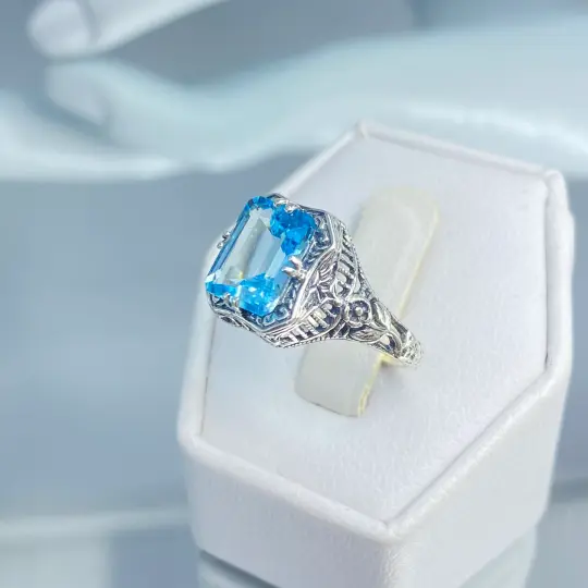 Natural Blue Topaz Ring, Size 9, Edwardian Jewelry #D148 - Ready to Ship