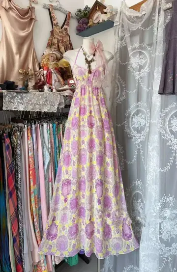 Light purple floral print halter-neck sexy ball gown R7512