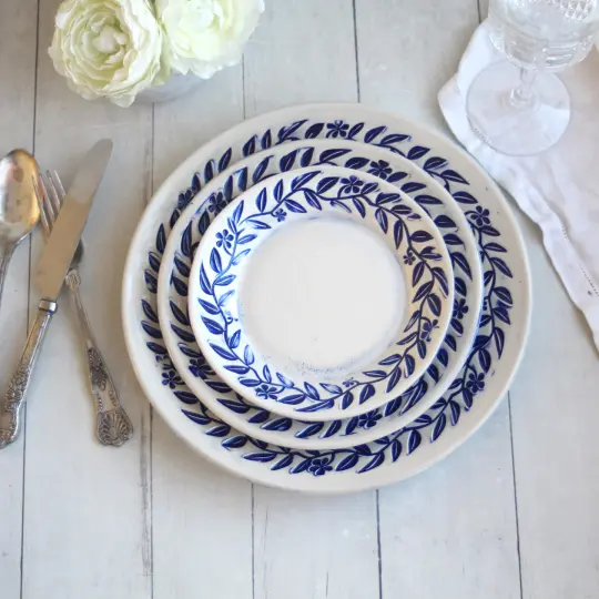 Handmade Blue Vine Rustic Dinnerware Place setting, Four Pieces,  Made in USA